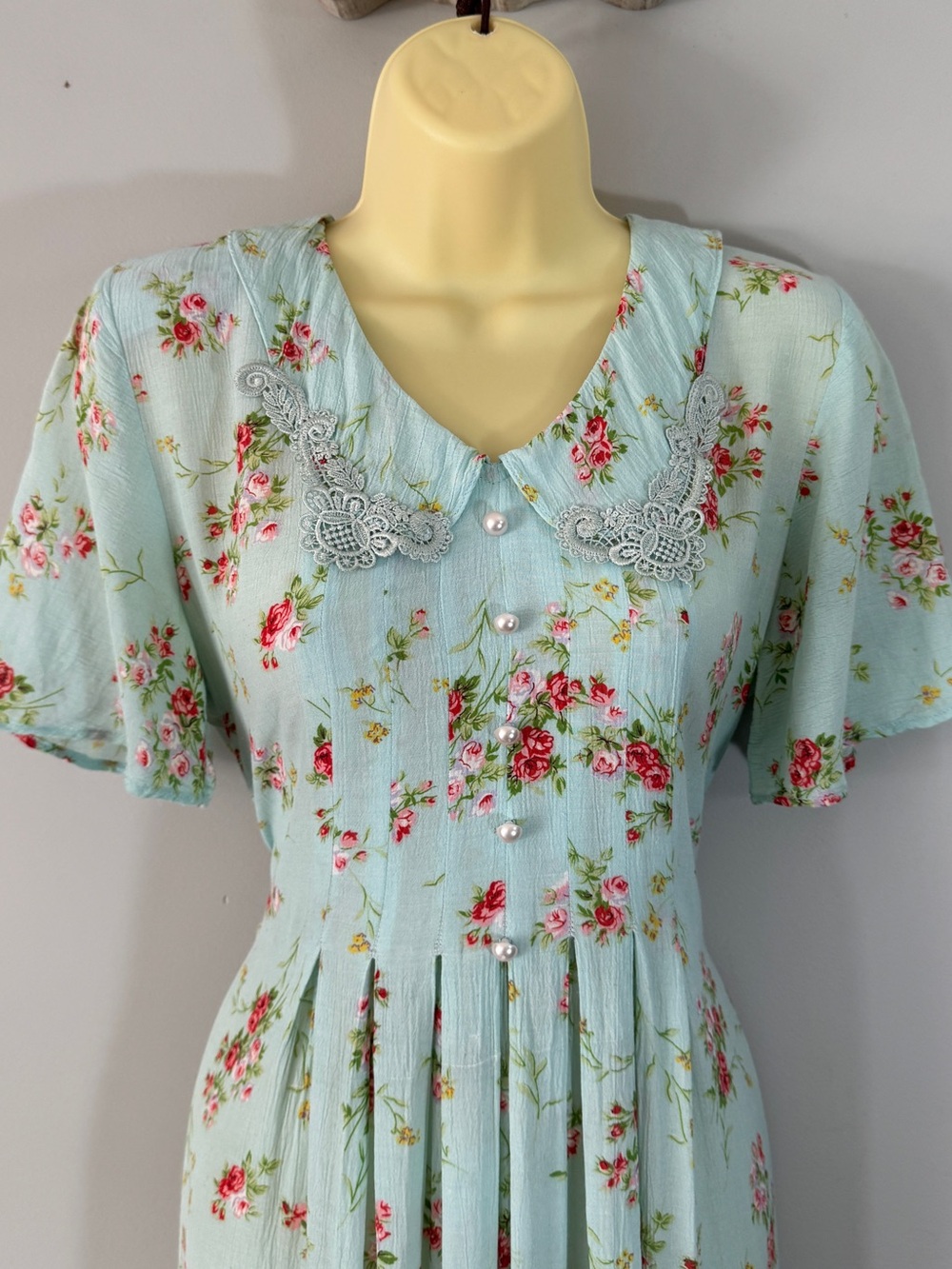 Vintage 90s SMW Style My Way seafoam blue Floral Dress Small Rayon Cottagecore - Picture 2 of 14